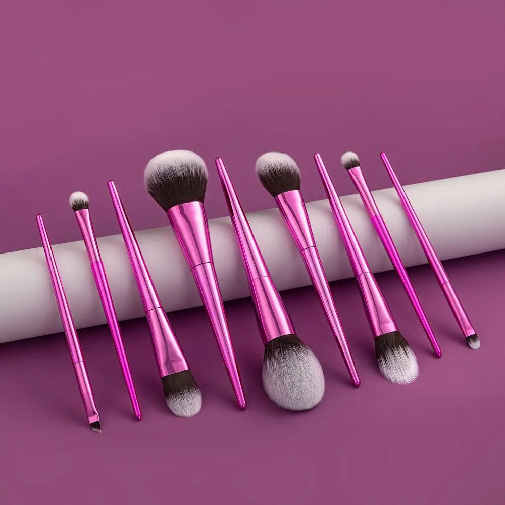 Low Price Wholesale 9Pcs Pink Soft Hair Glitter Electroplating Handle Face Fan Brush Makeup Brush Set