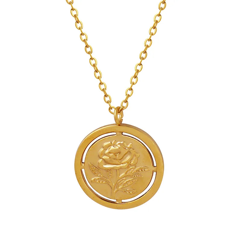 Retro Rose Pendant Necklace High Polished Stainless SteelRound Flower Pendant Necklace for Women New Design Gold Plated