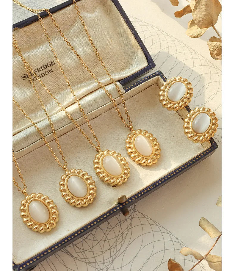 Hot Sale Fashion 18k Gold Plated Jewelry Oval Shape Opal Stainless Steel Pendant Necklaces and Earrings Sets