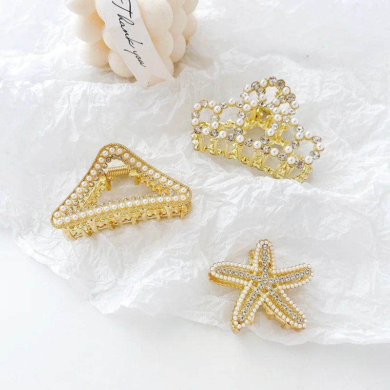 MIO Triangle Hair Claw Crown Starfish Grab Clip Alloy Pearl Rhinestone Medium Size Hair Clamp Accessories Metal Hair Clips Claw