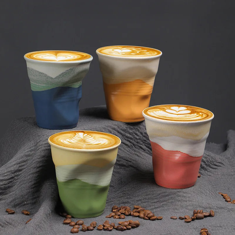 Creative Irregular Pleated Coffee Cup Customized Reactive Ceramic Tea Mug Household Hand-held Vintage Water Cup