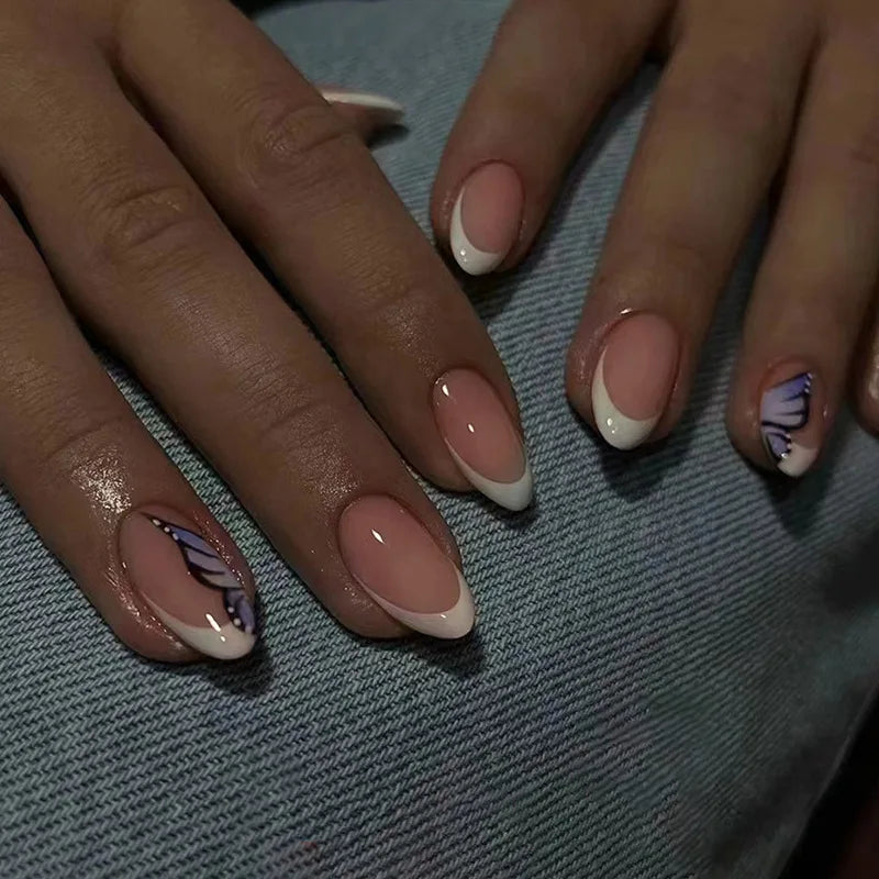 Reusable Almond False Nails French Fake Nails Tips Wearable Cute pink Korea French Edge Press on Nails