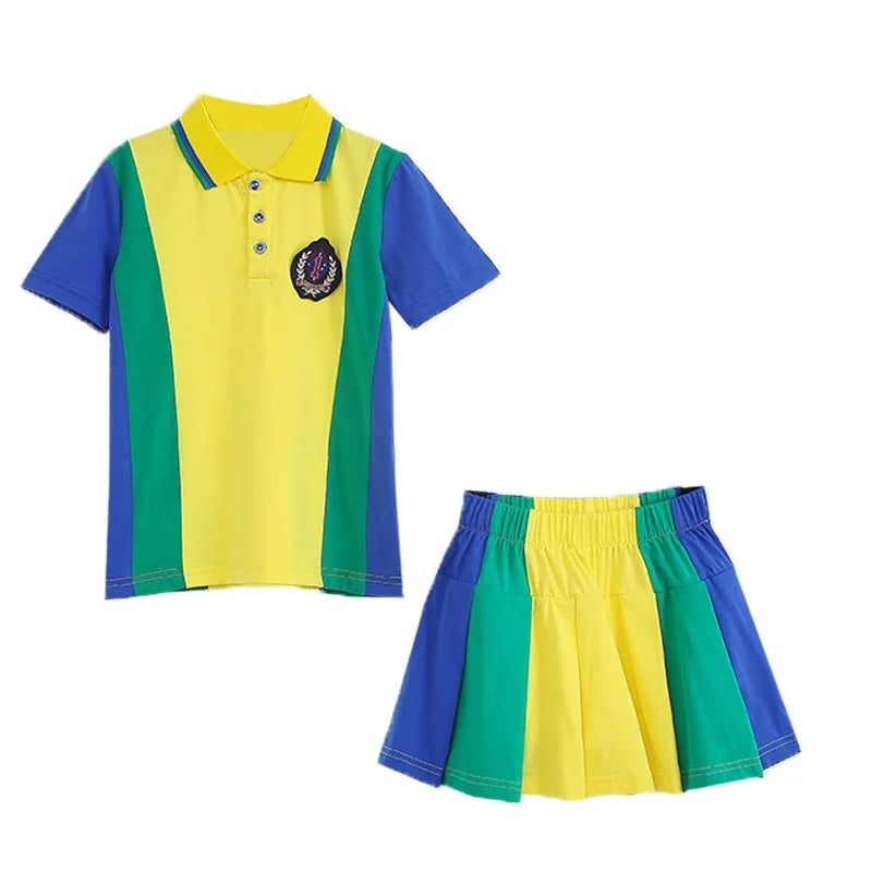 Private Label Free Sample Blue Yellow Boys Girl 2pcs T-Shirt Preschool School Uniform Polo Set Sport Children 100% Polyester
