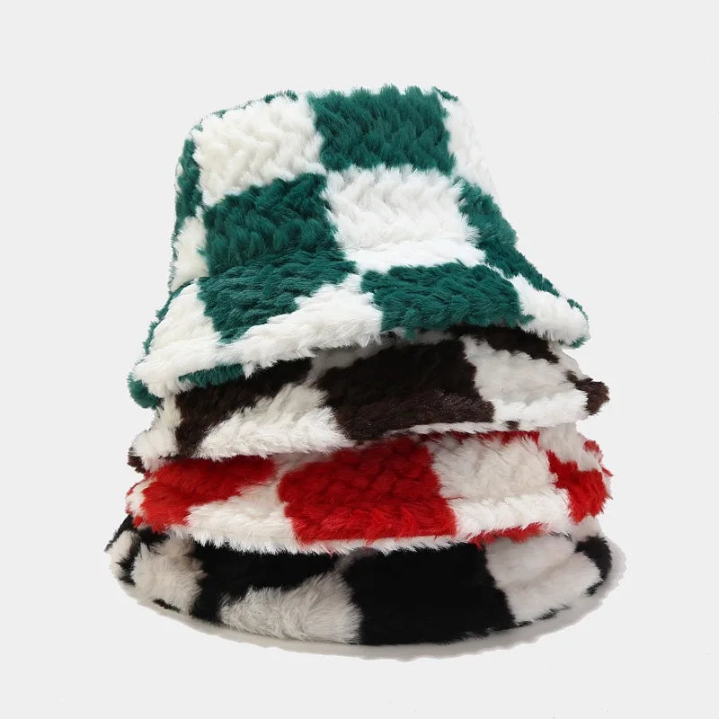 Outdoor Fisherman Cap Large Plaid Stitched Hat Adults Casual  Warm Hats Fashion Thicken Warm Plush Fabric Winter Bucket Hat