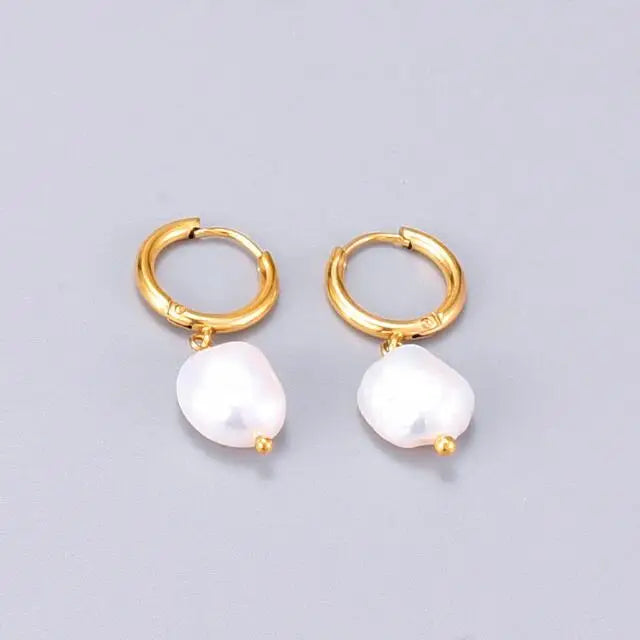 INS Women's Elegant 316L Stainless Steel Gold Plated Pendant Earrings Irregular Shaped White Freshwater for Parties Weddings