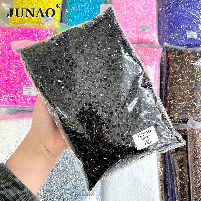 JUNAO Wholesale 2mm-6mm Black Color Non Hotfix Crystal Stones Flatback Strass Jelly Resin Rhinestones in Bulk for Dress
