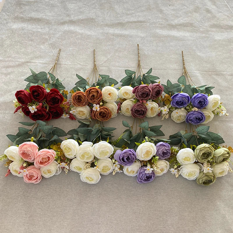 OUZI 9 Head Propitious Round Rose Wedding Decoration Artificial Flowers Decorative