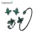 LUOTEEMI Luxury Flower Women Earring Bracelet Ring Sets Emerald Gradient Change Color Wedding Sets