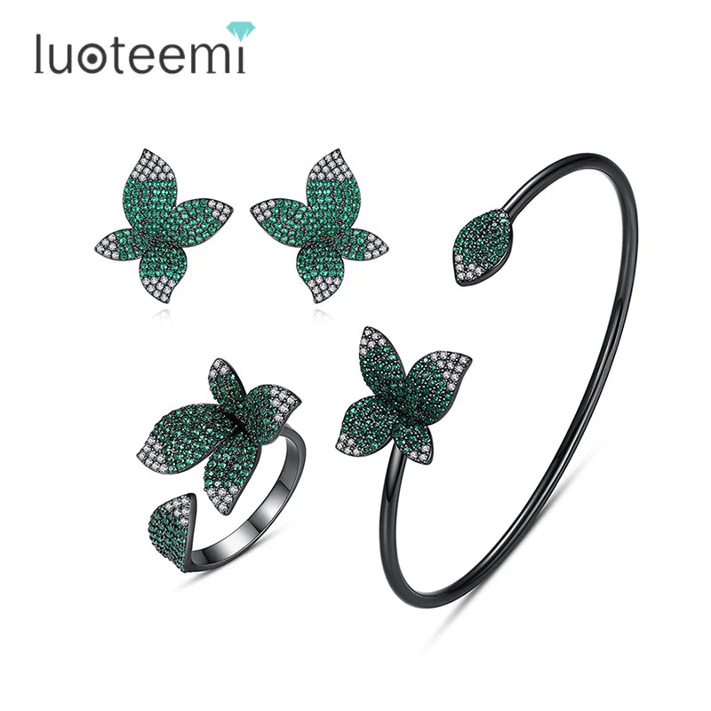 LUOTEEMI Luxury Flower Women Earring Bracelet Ring Sets Emerald Gradient Change Color Wedding Sets