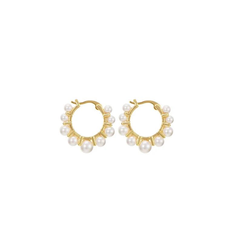 Luxury Gold Plated Pearl Round Earrings  Simple Sweet Sunflower Pearl Huggie Earrings Women