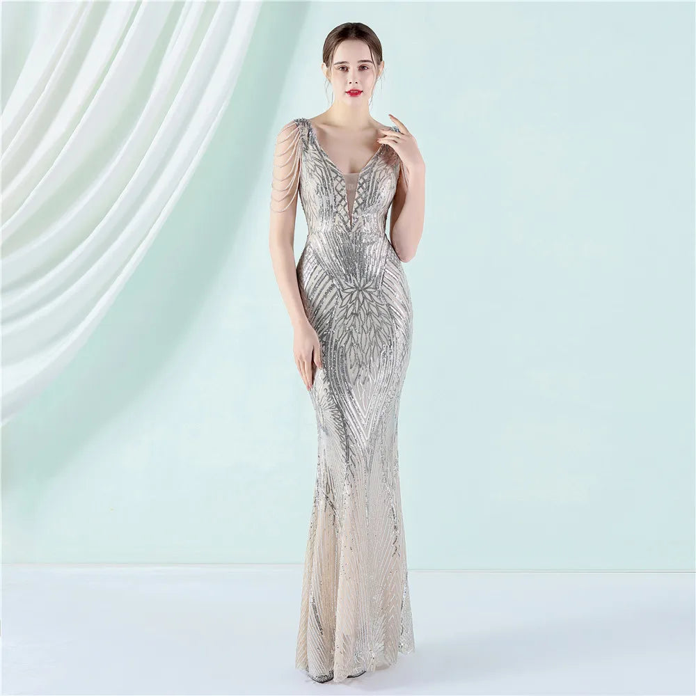 19128# Positioning Flower Bead Crafts Order Banquet Elegant Sequin Fishtail Dress