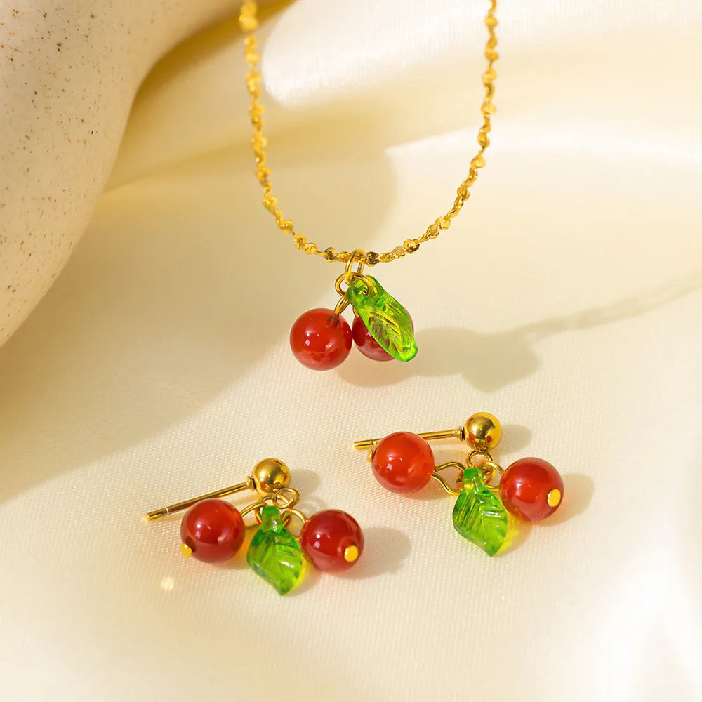 Wholesale 2 Pcs/Set Gold Plated Cherry Stud Earrings Stainless Steel Green Leaf Cherry Pendant Necklace Jewelry Set