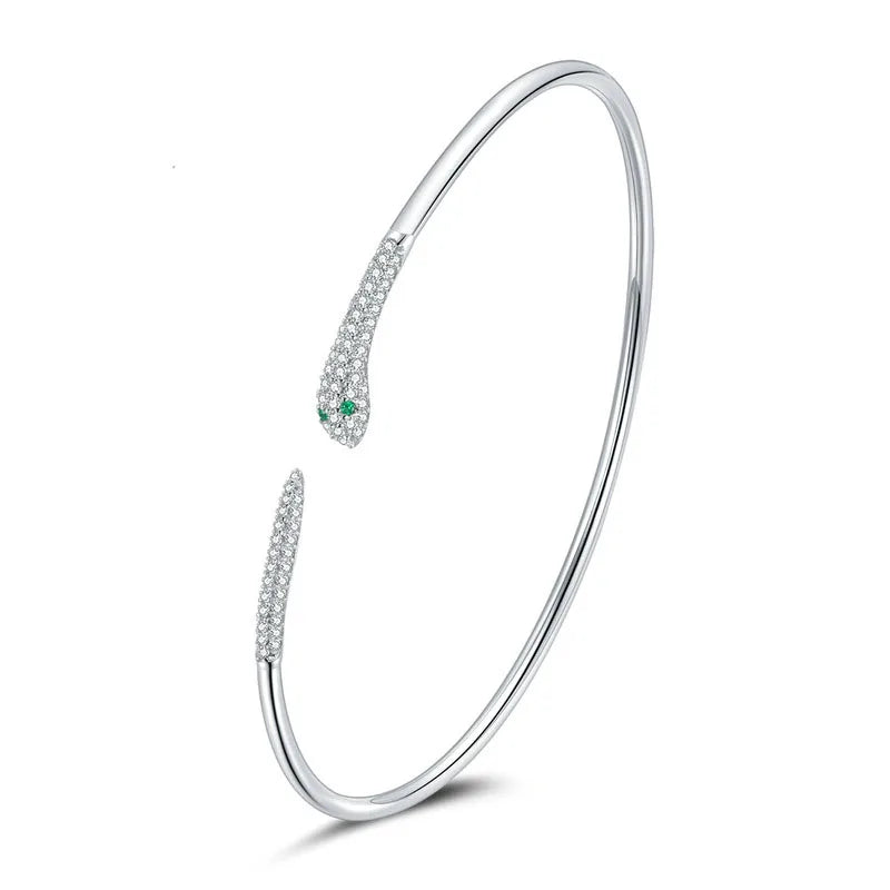 Wholesale Fashion Jewelry Snake Shape White&Green Cubic Zirconia Bangles Platinum Plated 925 Sterling Silver Bracelets for Women