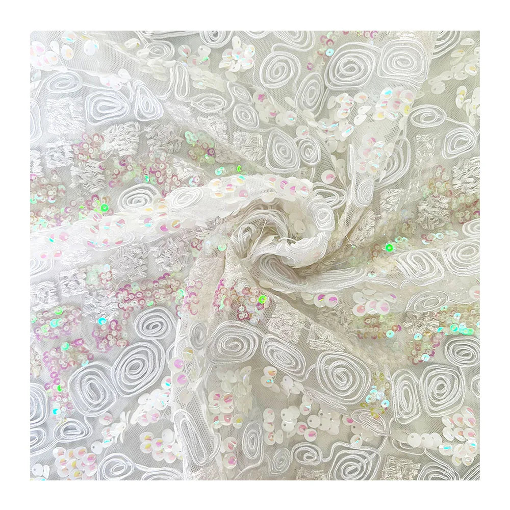 Wholesale White Rosette Fancy 3d Flower Bridal Lace Fabric Embroidery Sequin Fabrics for Clothing Material Scalloped Edge