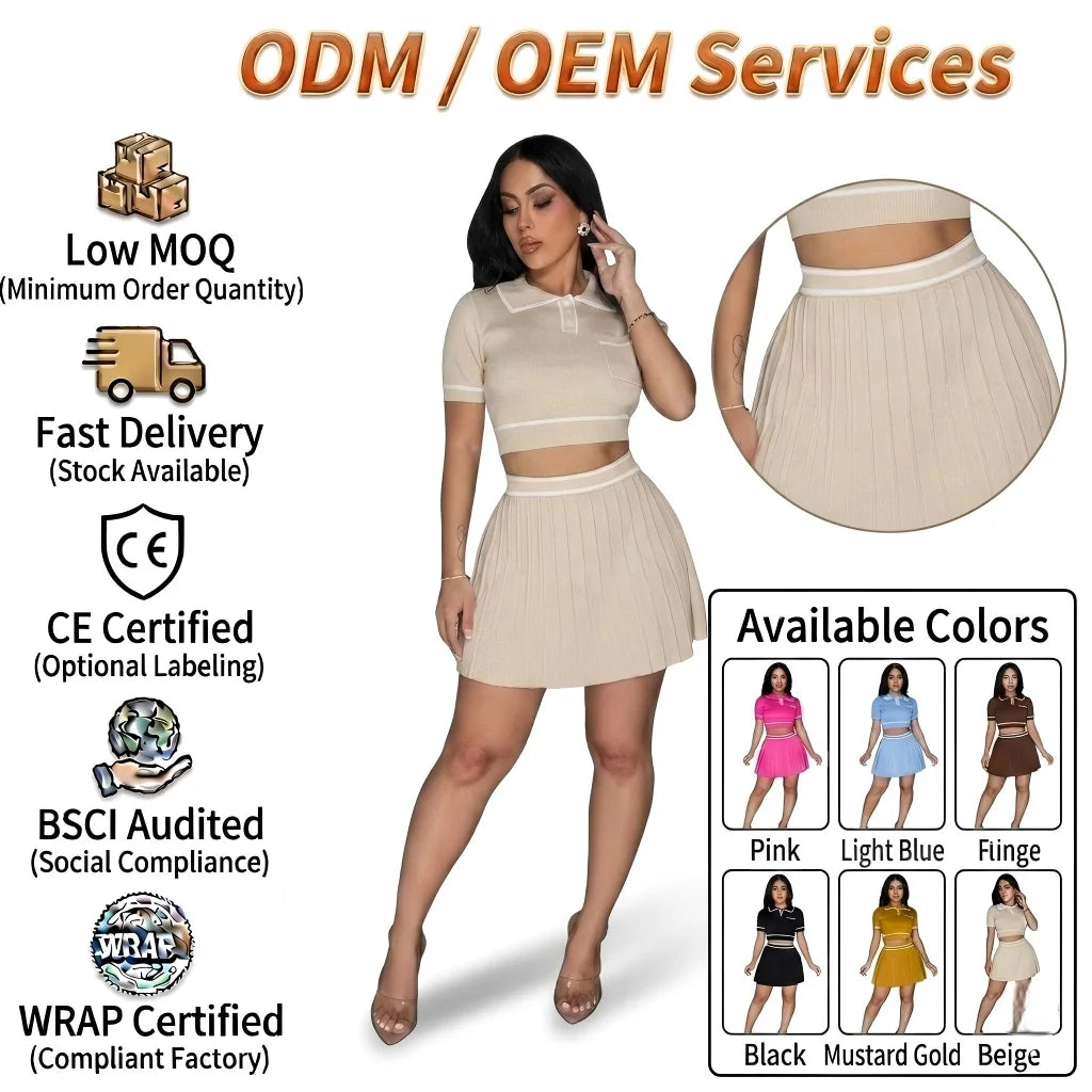Custom Logo Short Sleeve Crop 2 Piece Suit Polo Knitted Sweater Summer Top and Pleated Skirt Pullover Women's Knit Two Piece Set