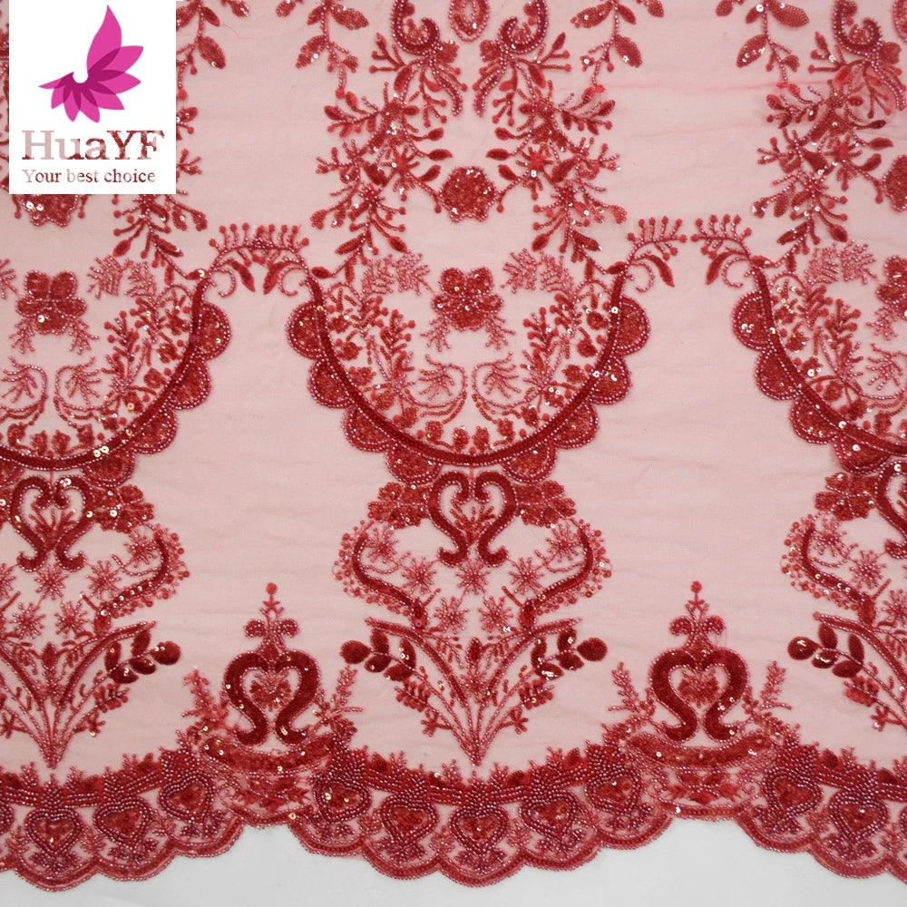 2022 Hot Red African Beaded Net Fabric Lace Sequins Lace Fabrics Online Bridal French Lace for Party Dress  HY1749