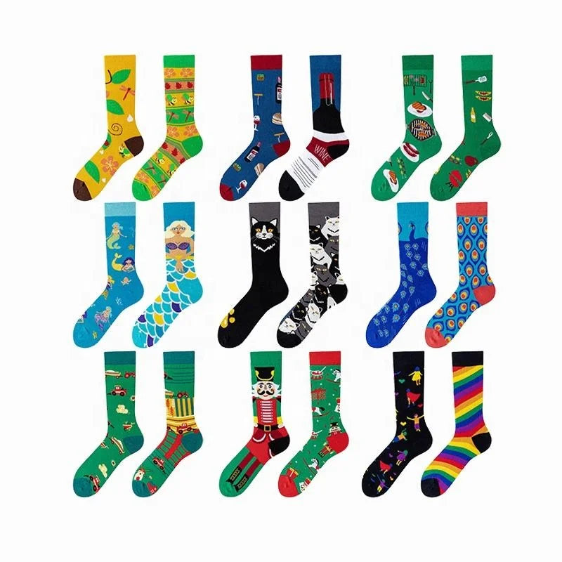 Wholesale Fashion Novelty Fancy Pattern Socks Men Unisex Funny AB Mismatched Cotton Crew Socks
