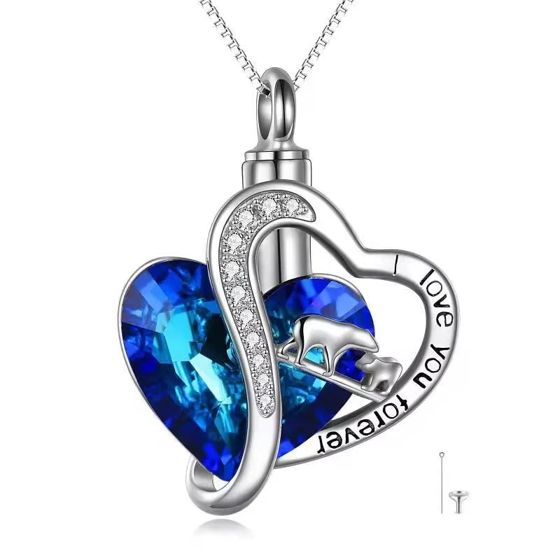 New Arrival 925 Sterling Silver Bear Mother and Cub Design Blue Heart Crystal Ashes Urn Necklace