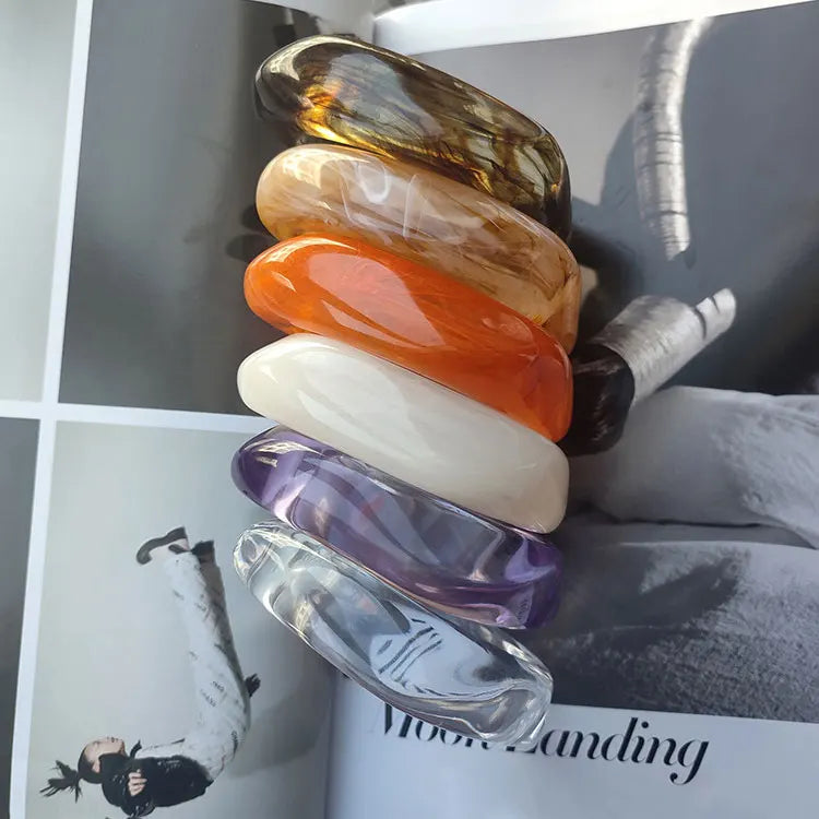 Exaggerated Geometric Square Chunky Acrylic Bracelets Bangles High Grade Blooming Marble Pattern Translucent Amber Resin Bangles