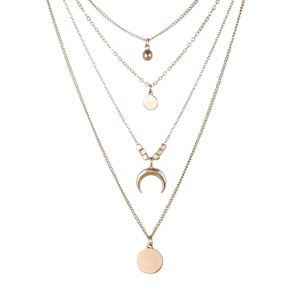 Vintage Star Moon Multi Layer Long Pendant Choker Necklaces for Women Gold Color Chain Geometric Jewelry