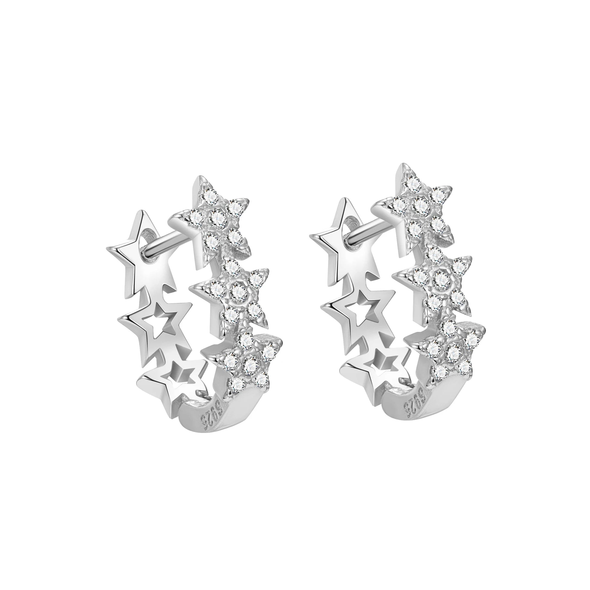 Star Earrings Real 925 Sterling Silver Hollow Small CZ Zircon Hoops Cute Luxury Huggies for Women Fine Jewelry Wholesale
