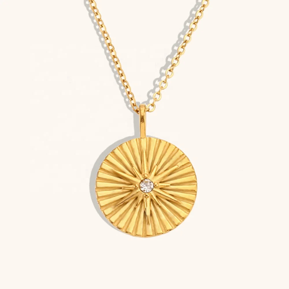 Dingran Engraved Eight Star Zircon Necklace Stainless Steel 18K Gold Plated Round Pendant Necklace