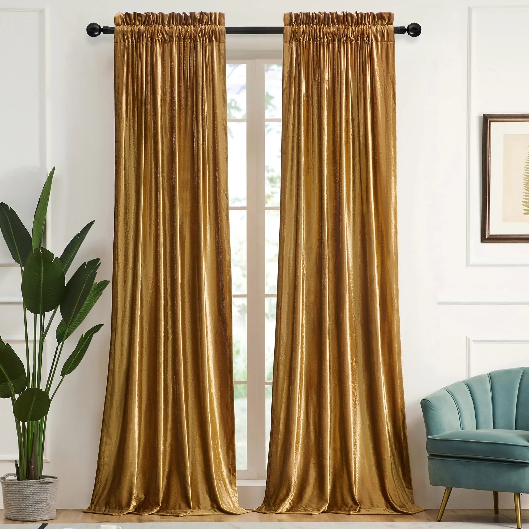 Bindi Gold 100% Polyester Modern Insulated Curtains for Living Room Velvet Blackout Rod Pocket Window Drapes Customizable