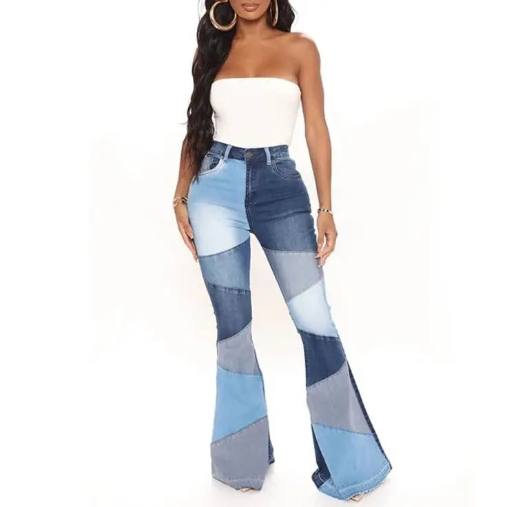 2024 Autumn and Winter Fashion Casual Women's Street Retro Splicing Flared High Waist High Elasticity Elegant Ladies Jeans Blue