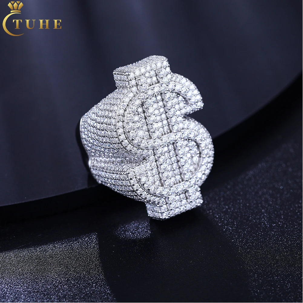 Pass Diamond Tester Full Moissanite Dollar Ring Hip Hop Jewelry 925 Sterling Silver Lab Gemstone Iced Out Men Ring