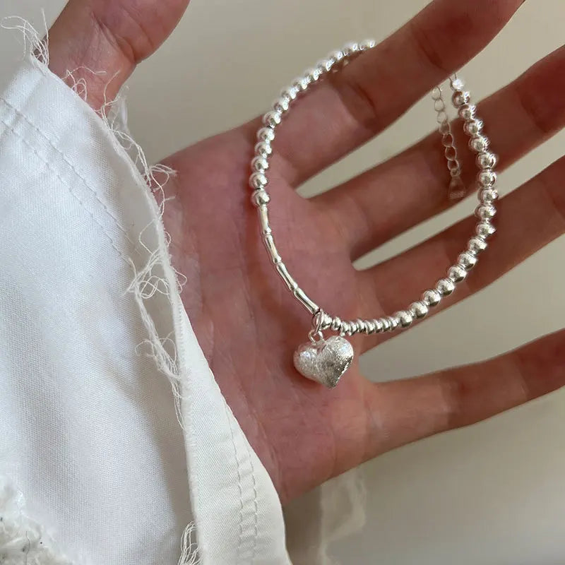 Unique Design 925 Sterling Silver Bracelet Matte Heart Shape Charm Bracelet