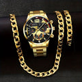 Men's 3pcs/Set Stainless Steel Business Quartz Wristwatch 20mm Casual Cuban Chain Bracelet Necklace Jewelry Fashionable Alloy