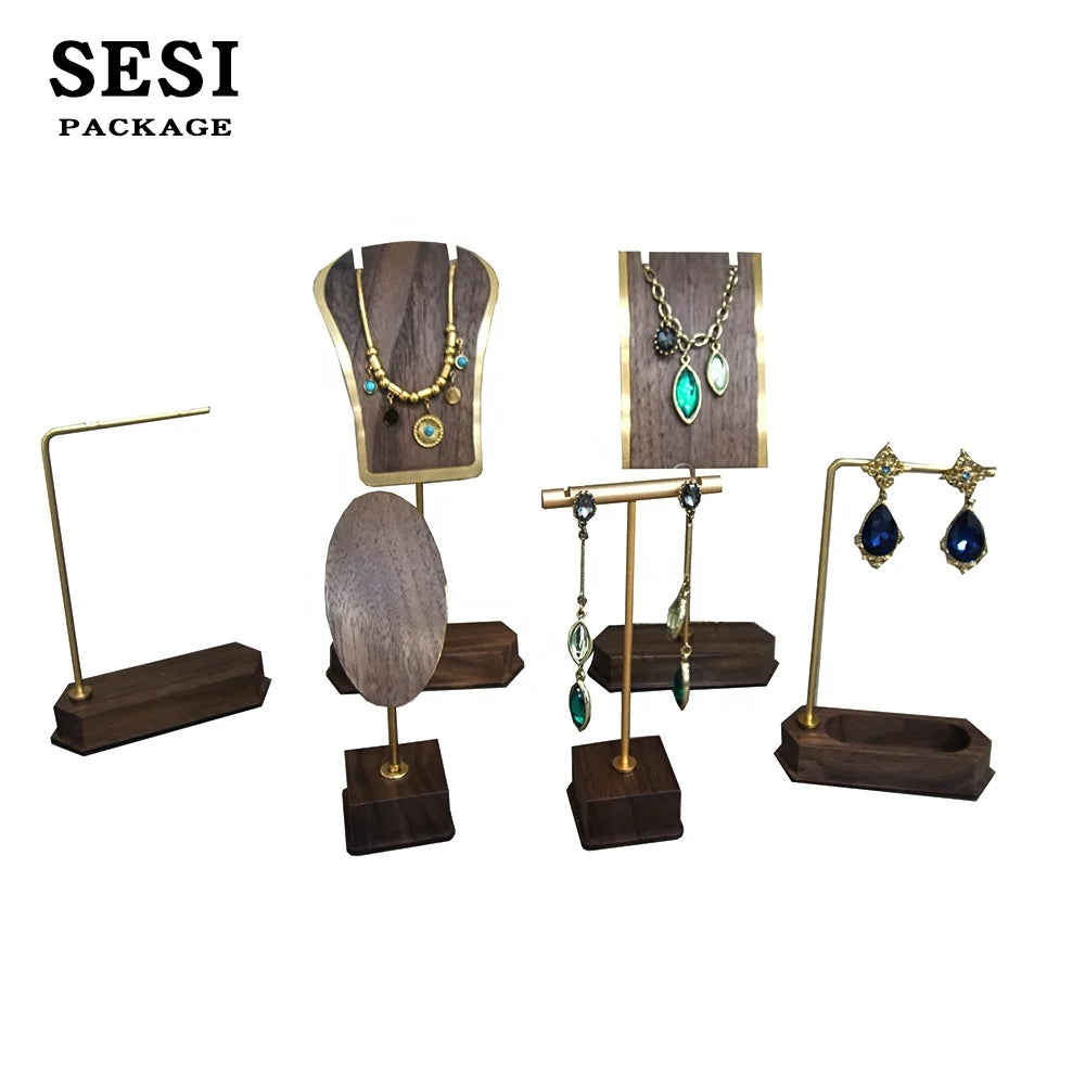 SESI Direct Sale 17Cm Wooden Jewelry Display Stand Necklace Earring Stand Four Side Steel Wooden Jewelry Display Rack