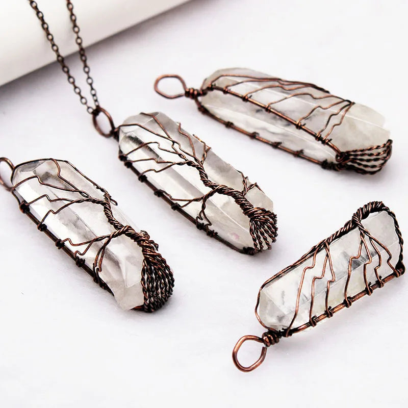 Natural Crystal Tree of Life Pendant Hexagonal Prism Rough Stone Hand-wound Braided Necklace DIY Retro Jewelry