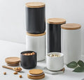 Practical Customizable White Black Kitchenware Ceramic Storage Jar with a Wooden Lid for Home Uses