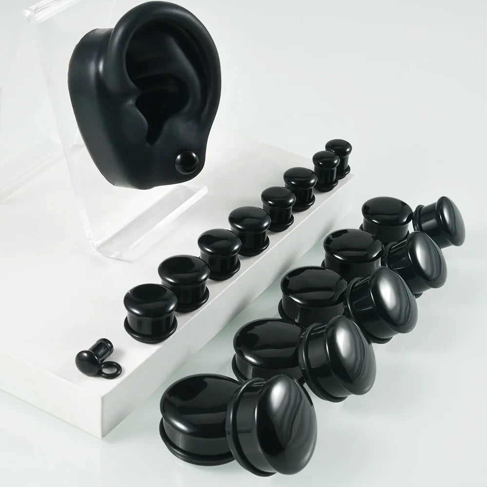Single Flare Obsidian Stone Body Piercing Jewelry 6mm-25mm Expander Stretcher for Engagement Black Wedding Gift Ear Plug