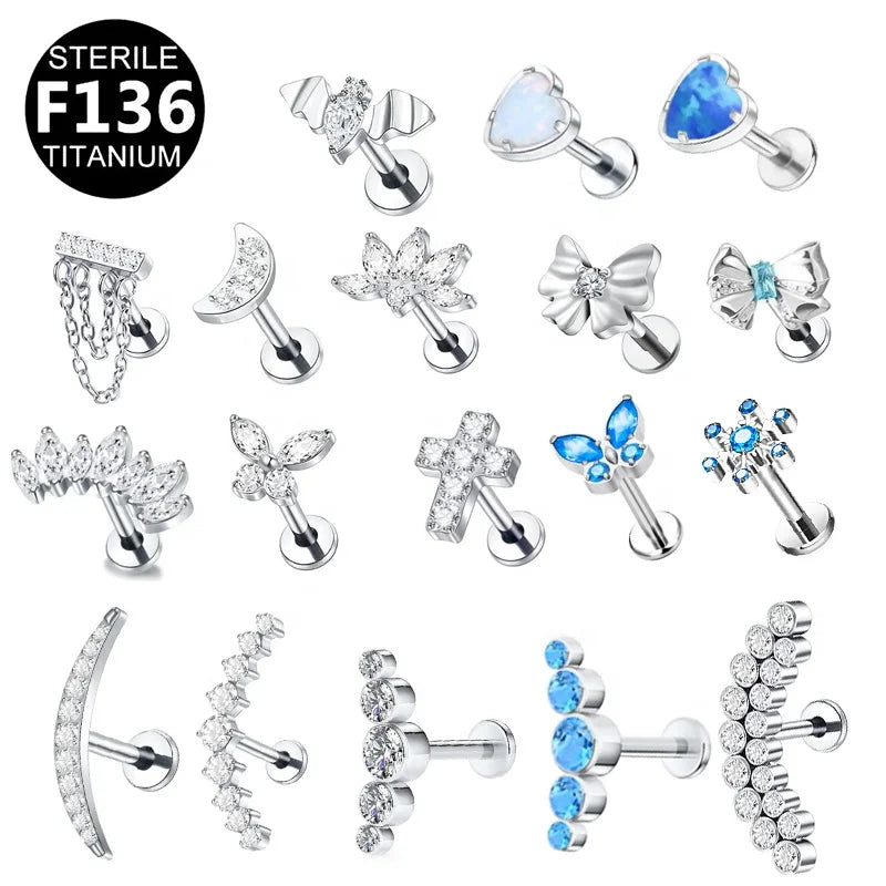 Gaby Astm F136 G23 Heart Opal Piercing De Titanio Flat Back Cartilage Tragus Prong Cz Bow Stud Earring Labret Titanium Jewelry