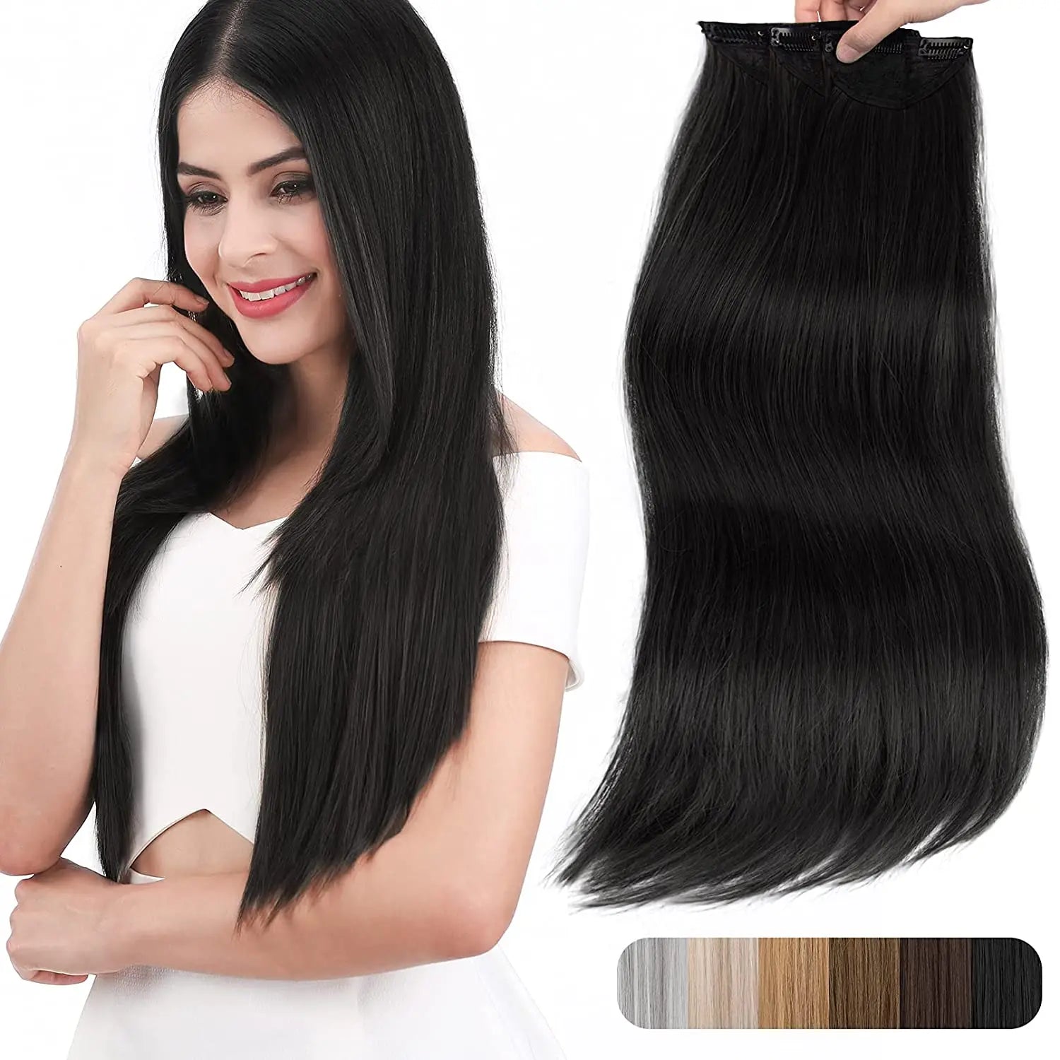REECHO Thick Long Straight 3PCS Set Clip in Hair Extensions Women Girls (24 Inch Pack 3 Natural Black Straight Remy Hair)