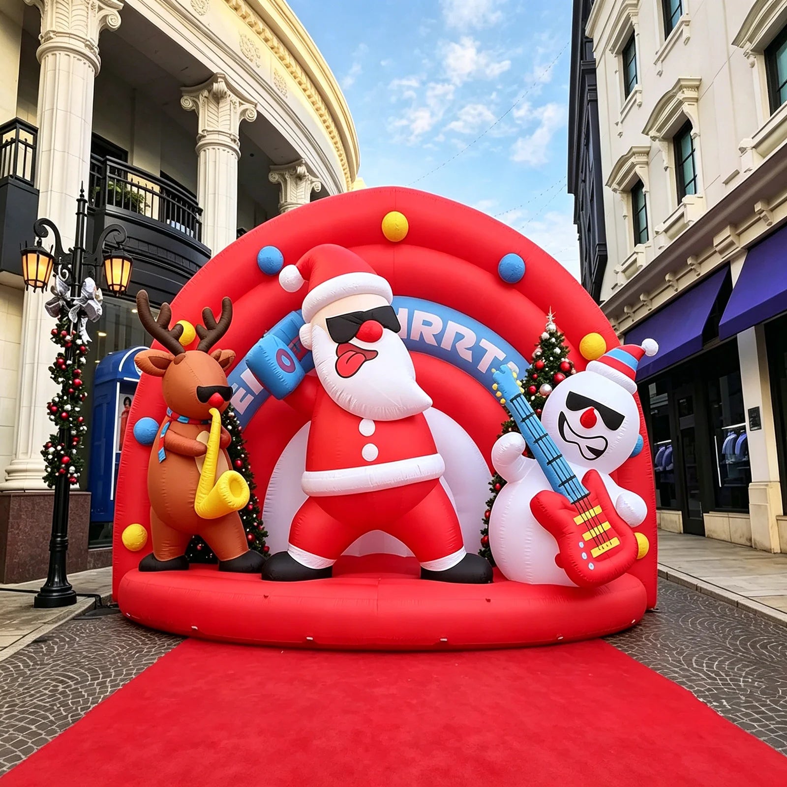 Inflatable Rock Stage with Singer Santa ClausPlaying Guitar Snowman &Playing Saxophone Reindeer Inflatable Christmas Decoration