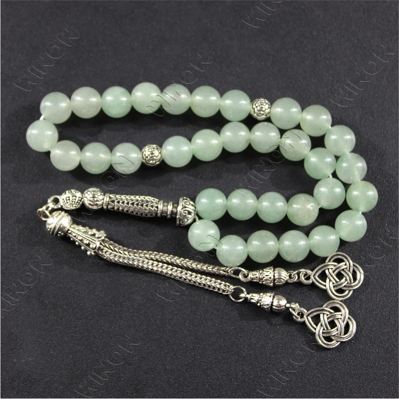 Muslim 33 Prayer Beads Natural Green Jade Stone Rosary Bracelet Islamic Tasbih Religious Jewelry Worry Beads Ramadan Decorations