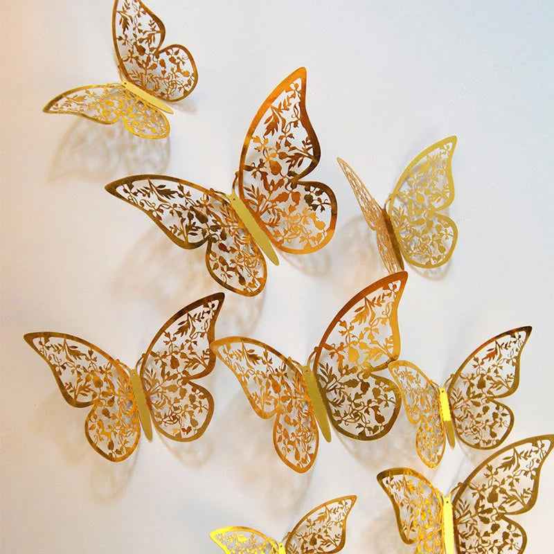 12pcs/set 3D Wall Stickers Gold Hollow Butterfly for Kids Rooms Home Wall Decor Fridge Stickers Decoration Butterfly Stickers
