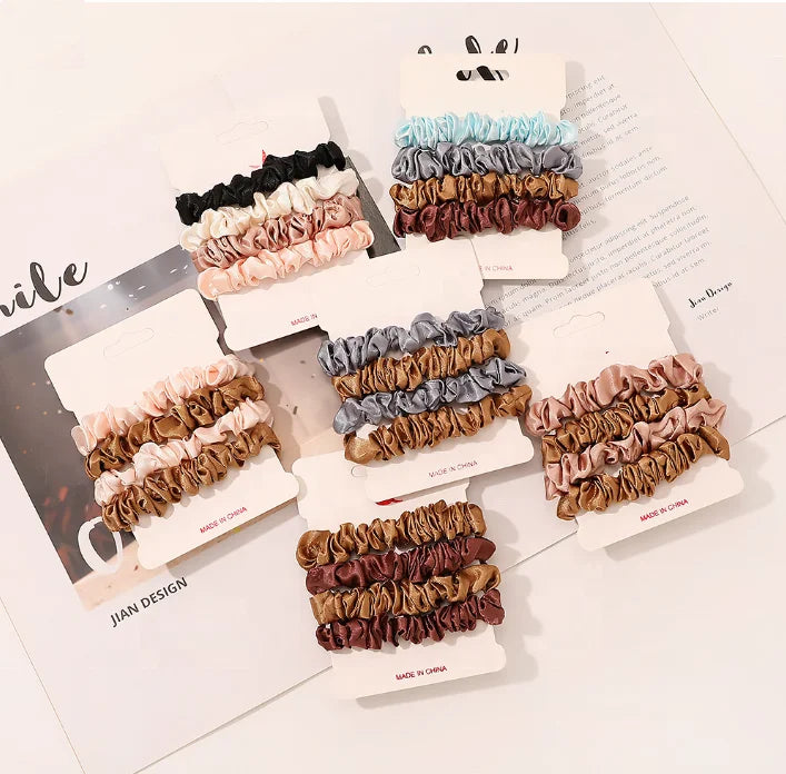 4pcs/set Silken Scrunchies Narrow Fabric Satin Hair Tie Hairbands Gift Pack
