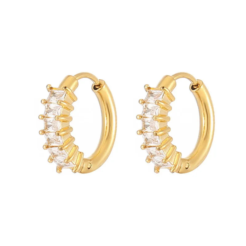 Light Color Plated 14K Gold Stainless Steel Waterproof Jewelry Baguette Diamond Zircon Stone Hoop Huggie Earrings 2023