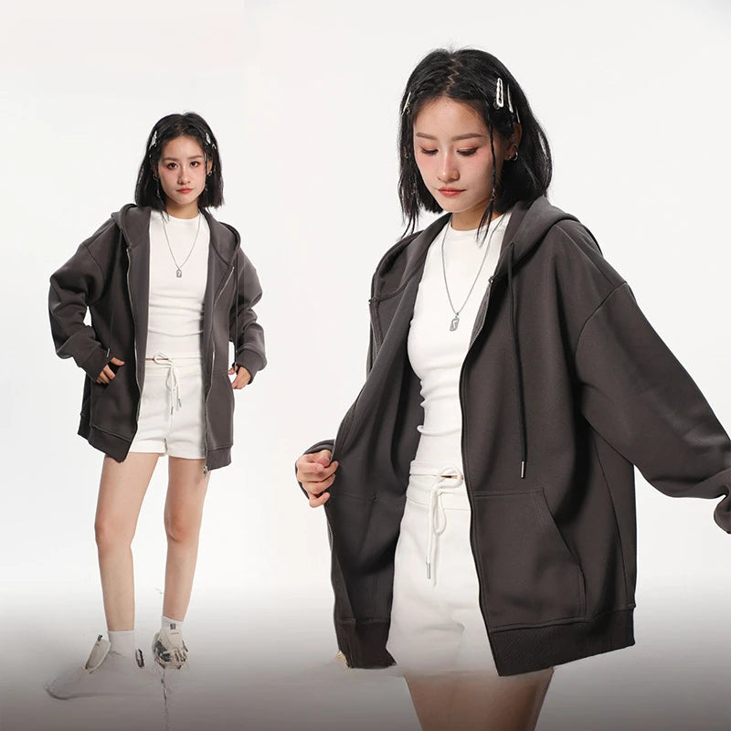 Y2K Outfits 2024 Fall Winter Trendy Solid Casual Windproof Breathable Polyester/Cotton Womens Zip-Up Long Sleeve Hoodie