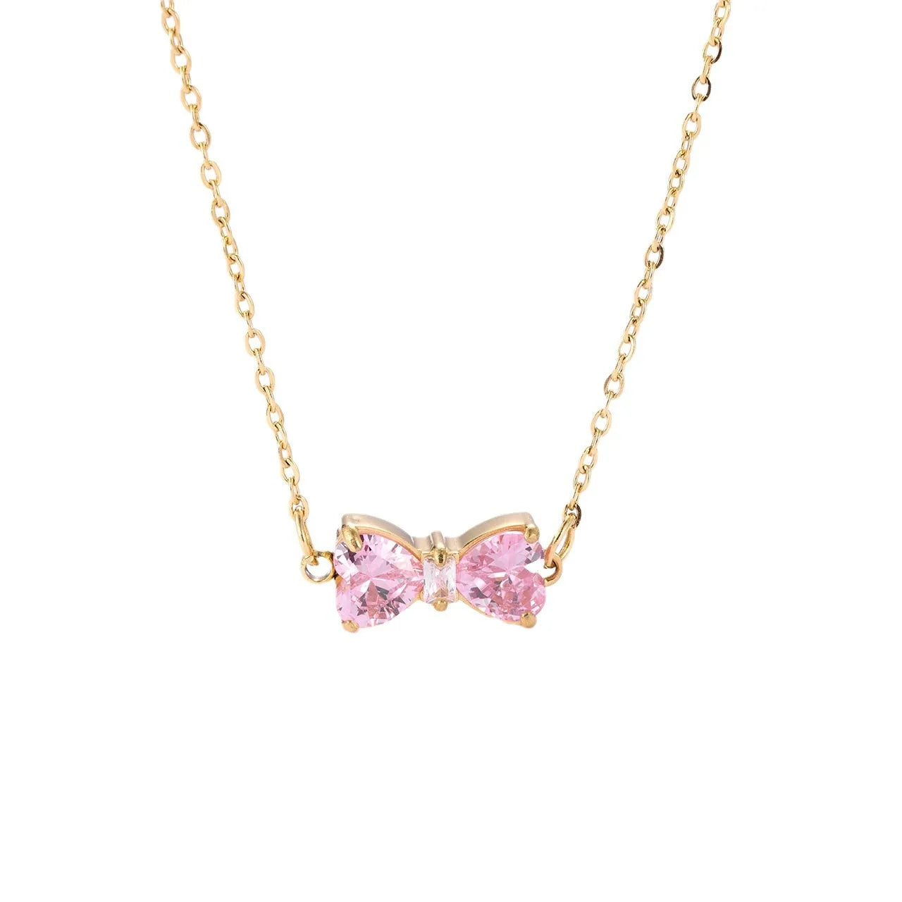 Fashion Cute Sweet Heart Necklace Ladies 14K Gold Plated Stainless Steel Zirconia Bows Necklace for Women Girls Jewelry Gifts