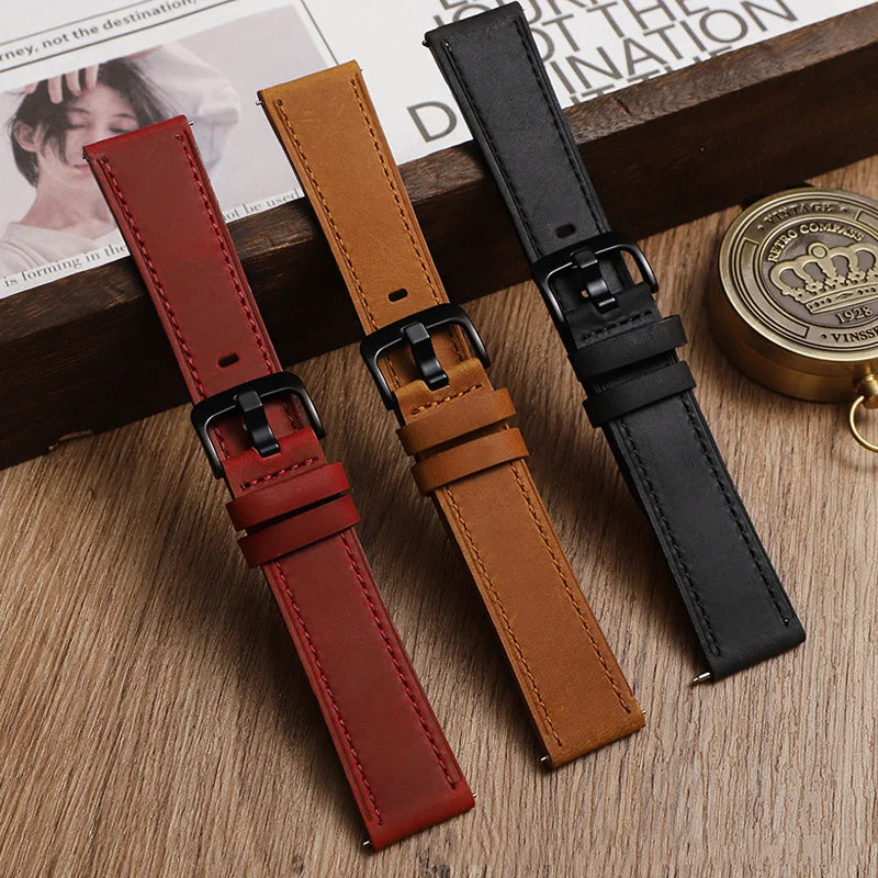 18mm 20mm 22mm Luxury Crazy Horse Genuine Leather Watch Bands Pvd Black Buckle Handmade Quick Release Top Grain Leather Straps