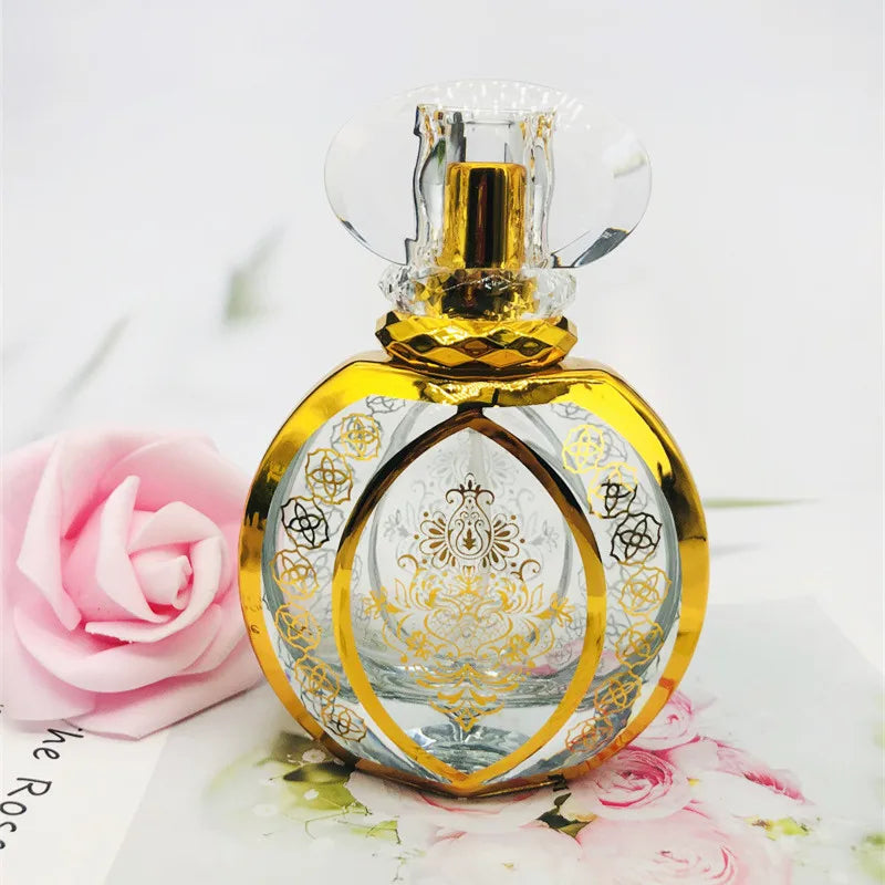 Cosmetic Packaging Top Selling Empty Arabic Style Decorative Glass Bottle Metallic Color Perfume Bottles