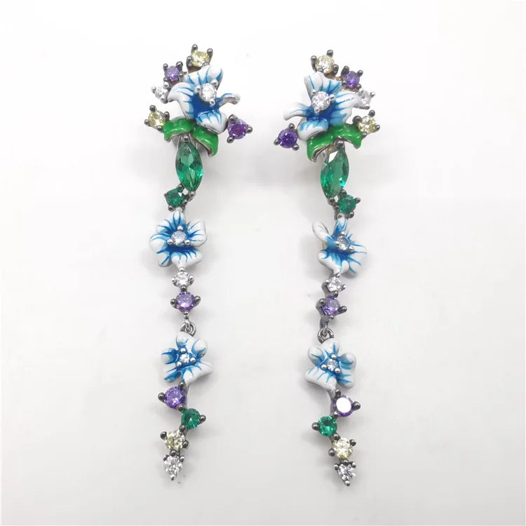 Wholesale Dark Amethyst Nano CZ Morning Glory Flower Enamel 925 Sterling Silver Earrings