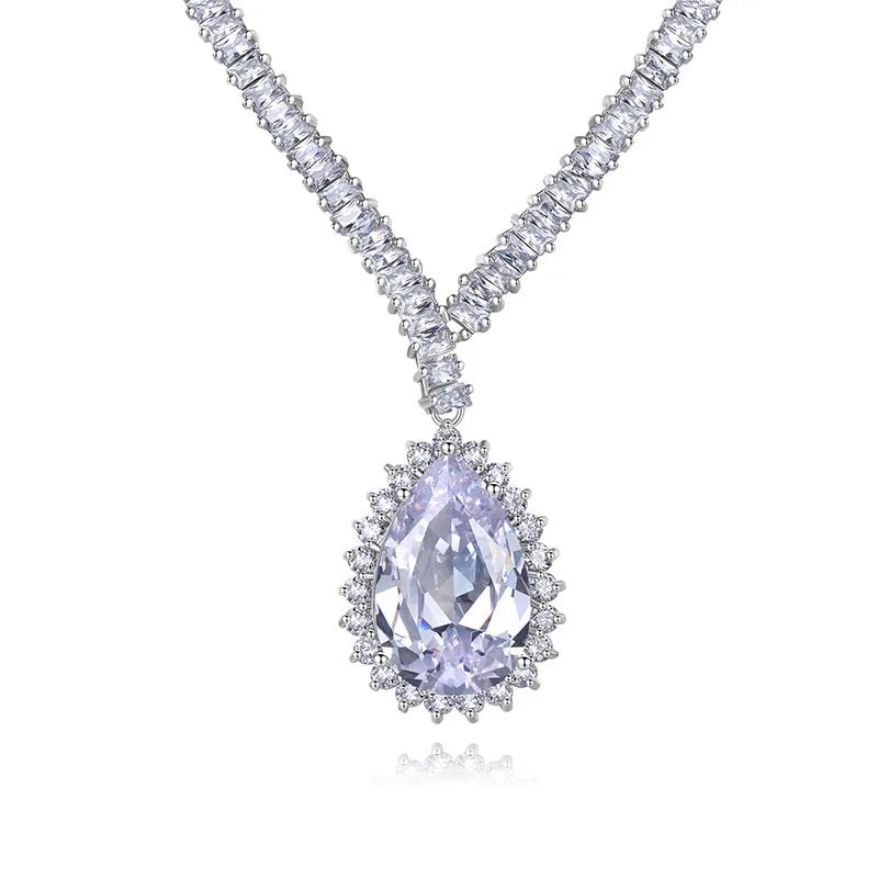 SLBRIDAL Luxury Sparkling Water Drop  Cubic Zircon Bridal Necklace Earrings Set Wedding CZ Jewelry Set Women Party Prom Jewelry