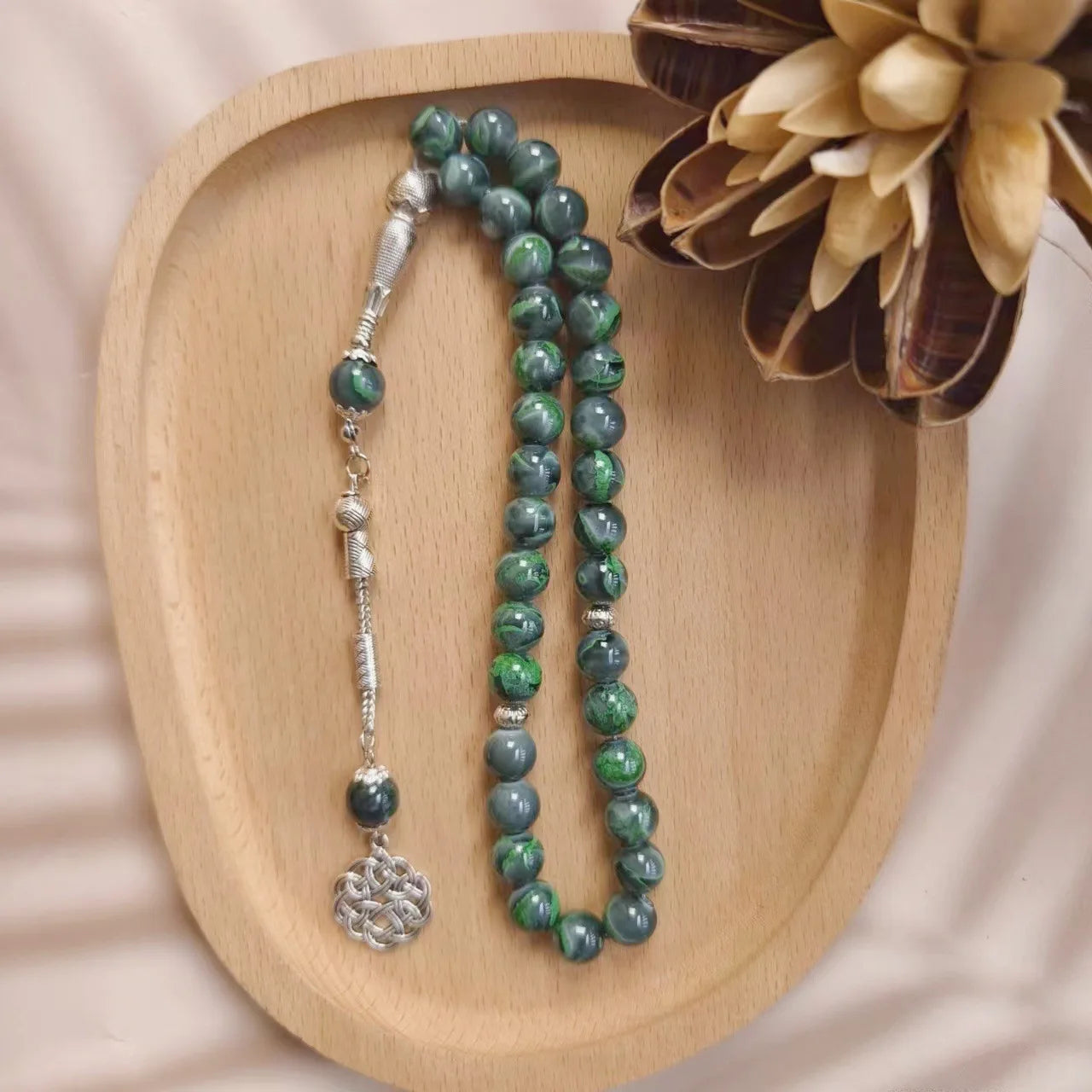 Muslim Rosary Islamic 33beads 10mm Green Glass Flower Beads Single Spike Arabic Daily Bracelet TASBIH Prayer Ornament