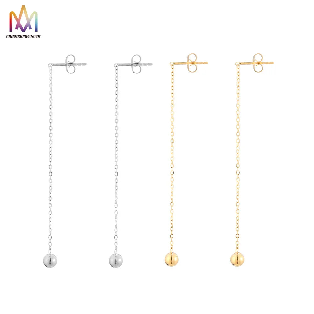 Vintage Fashion Stainless Steel Ins Round Beads Stud Earrings Dainty Simple Long Tassel Ear Line Charm Trendy Style